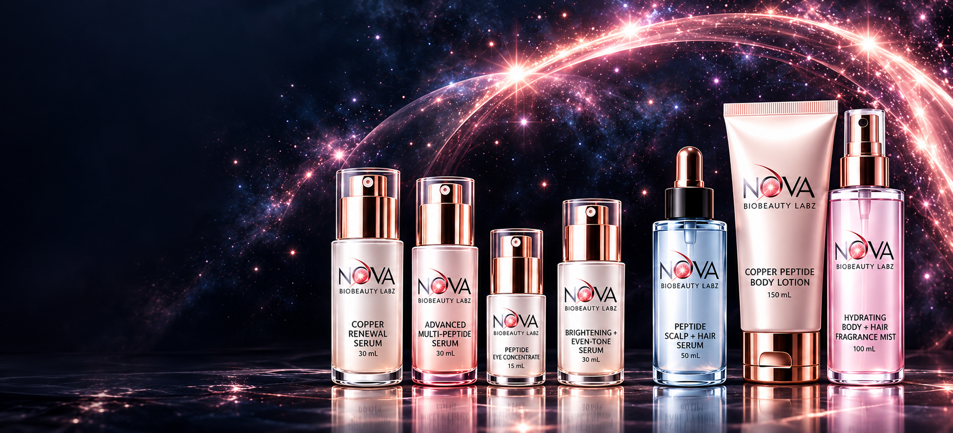 All seven Nova BioBeauty Labz products against a rose-gold supernova galaxy