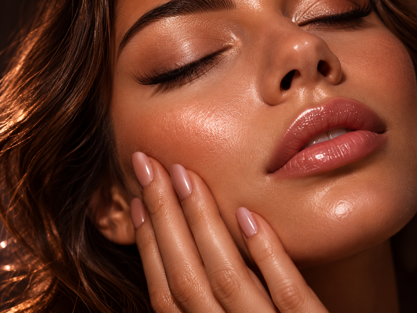 Luminous skin in warm rose-gold light