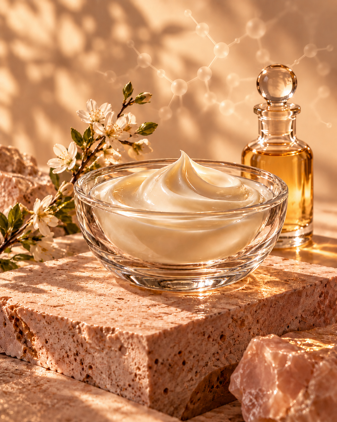 Ivory moisturizer and serum with blossoms and a subtle molecular motif